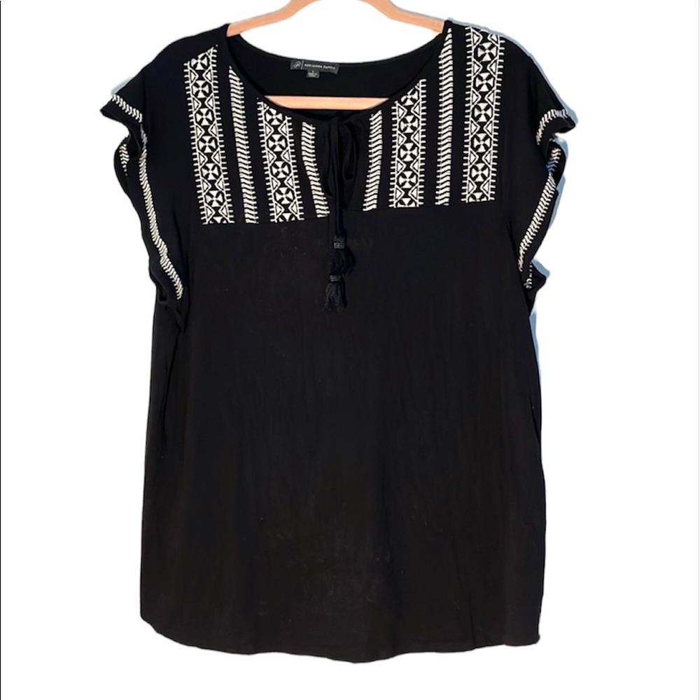 Black Embroidered Women's Top with Tassel Tie